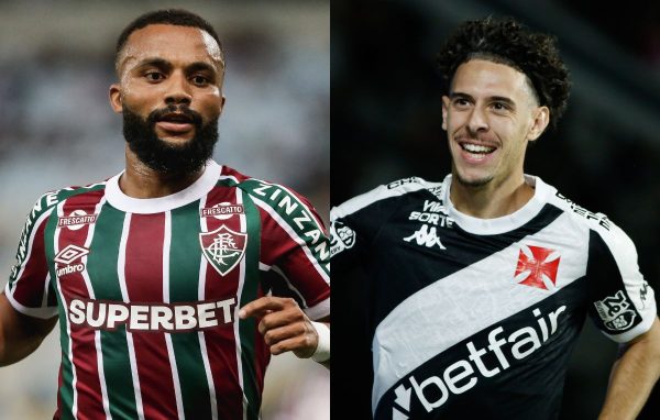 Samuel Xavier, do Fluminense, e Nuno Moreira, do Vasco (foto: LUCAS MERON / FLUMINENSE F.C. e Matheus Lima/Vasco.)