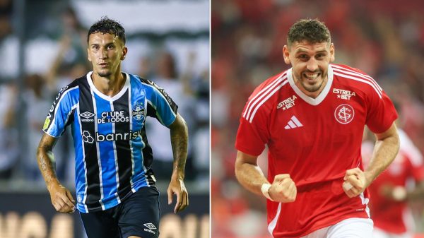 Jogadores de Grmio e Internacional em campo (foto: Lucas Uebel/Grmio FBPA e Ricardo Duarte/Internacional)