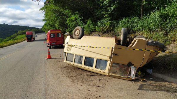 Mulher morre e marido fica ferido após kombi bater em animal e capotar na BR-116; casal de agricultores seguia para feira em Itaobim