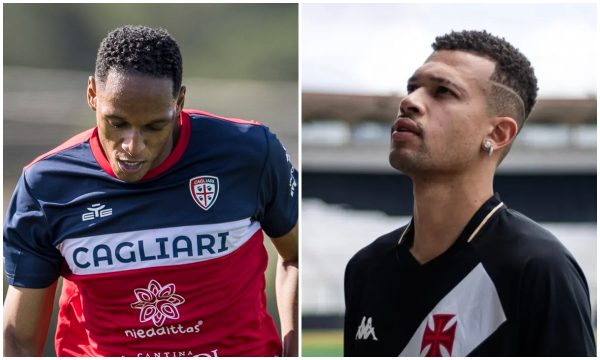 Mina e Joo Victor, zagueiros de Cagliari e Vasco, respectivamente (foto: Divulgao/Cagliari e Leandro Amorim/Vasco)