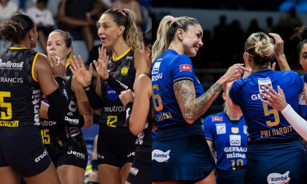 Time feminino do Praia comemorando e ao lado equipe do Minas comemorando (foto: Bruno Cunha e Hedgard Moraes/Minas Tnis Clube )