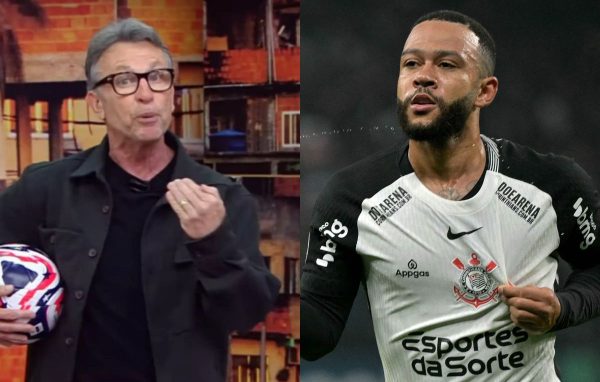 Neto, apresentador e dolo do Corinthians, e Memphis, atual camisa 10 do Timo (foto: Reproduo/Band e NELSON ALMEIDA / AFP)
