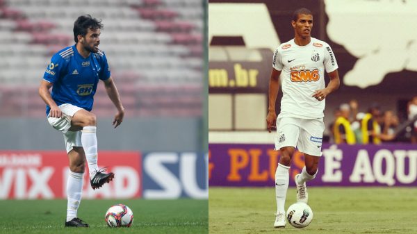 Norberto (esquerda) em ao pelo Cruzeiro em 2021; Ewerton Pscoa em ao pelo Santos em 2012 (foto: Bruno Haddad/Cruzeiro e Divulgao/Santos)