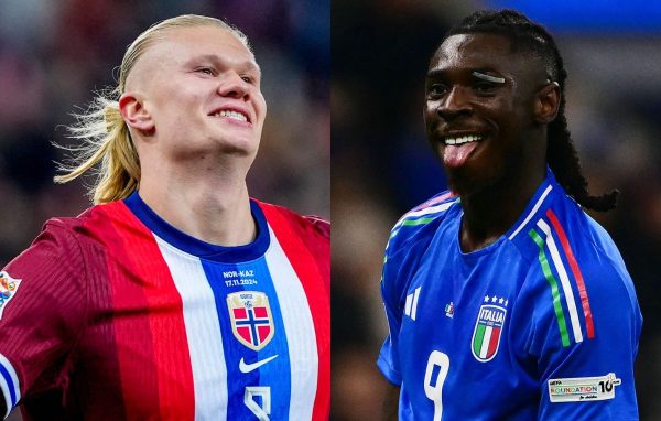 Haaland, da Noruega, e Moise Kean, da Itlia (foto: Terje Pedersen / NTB / AFP e Marco BERTORELLO / AFP)