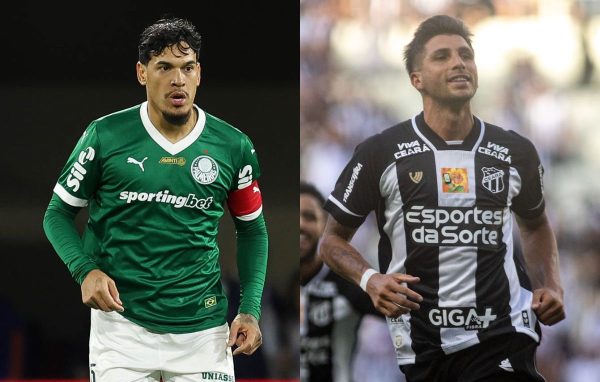 Gustavo Gmez, do Palmeiras, e Lucas Mugni, do Cear (foto: Cesar Greco/Palmeiras/by Canon e Divulgao/Cear)