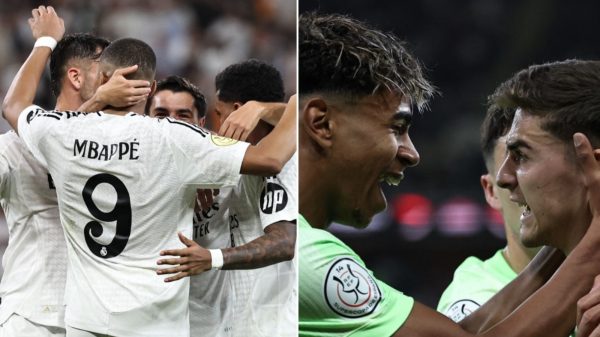 Jogadores de Real Madrid e Barcelona comemorando gols (foto: Fadel Senna/AFP)