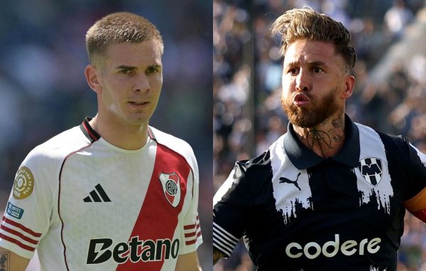 Mastantuono, do River Plate, e Sergio Ramos, do Monterrey (foto: JUAN MABROMATA / AFP e Stu Forster / GETTY IMAGES NORTH AMERICA / Getty Images via AFP)