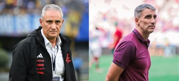 Tite, treinador do Flamengo, e Vojvoda, treinador do Fortaleza (foto: RAUL ARBOLEDA / AFP e Mateus Lotif / Fortaleza EC)