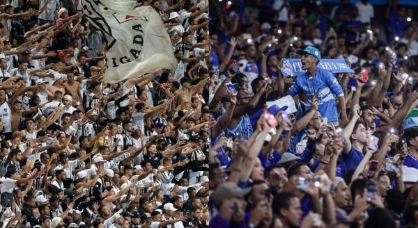 Torcida do Atltico (esquerda) e torcida do Cruzeiro (direita) (foto: Daniela Veiga / Atltico e  Staff Images / Cruzeiro)